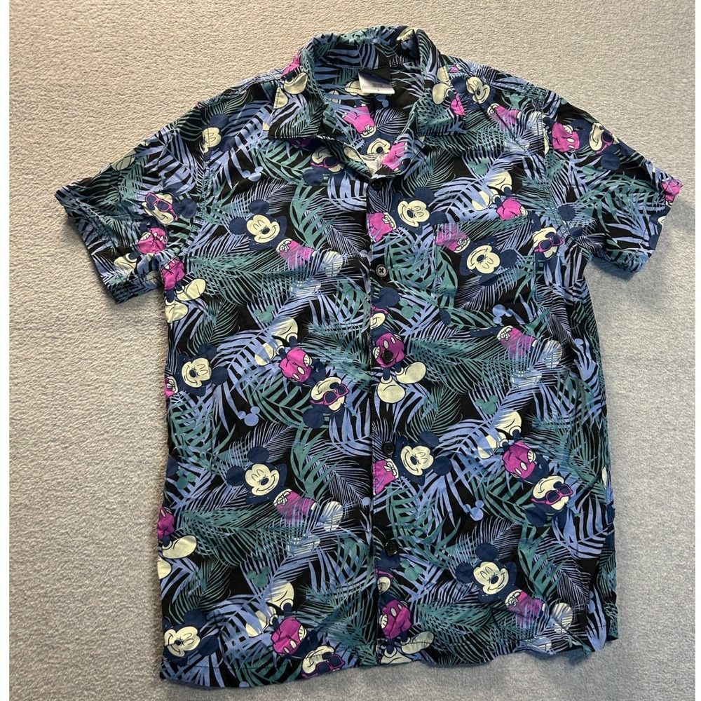 Disney Mickey Mouse Hawaiian Camp Shirt Mens Small Tropical Print Short Sleeve